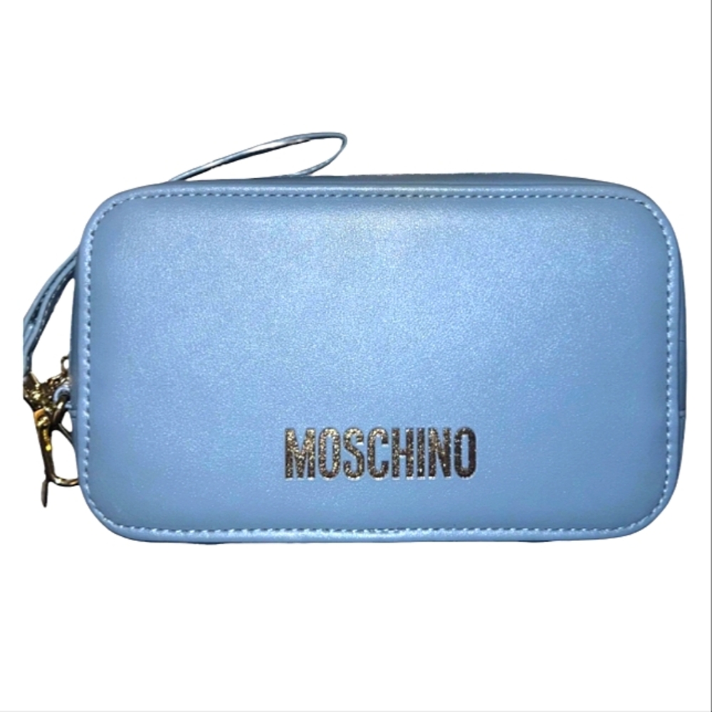 MOSCHINO DUSTY BLUE TRAVEL COSMETIC ZIP AROUND WRISTLET NWOT